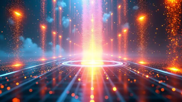 Abstract Digital Aurora Glow Over Futuristic Glowing Pathway With Floating Particles And Light Rays