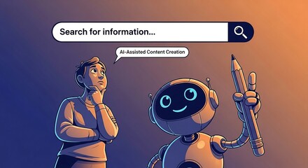 AI-assisted content creation man searches for information robot offers creative solution illustrating content marketing in the digital age.
