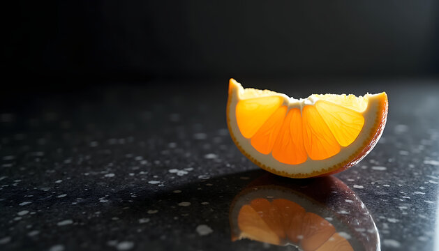 Vibrant orange slice illuminated by sunlight on a dark, reflective surface