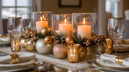 Holiday table centerpiece with glass candles, golden symmetry and festive refinement