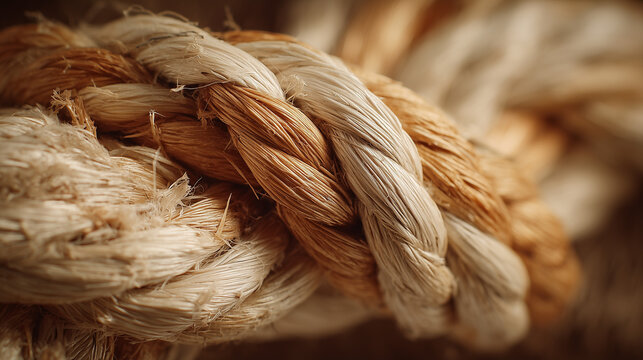 A close-up of natural fiber strands braided into a strong rope, a metaphor for teamwork and synergy.