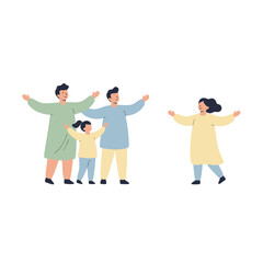 Two friends reunited after a long time embracing tightly with joyful expressions illustrated in a flat design style on a black background featuring a family of three greeting another woman