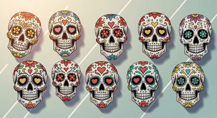 colorful sugar skulls pattern for day of the dead celebration a vibrant and festive backdrop with traditional mexican folk art designs
