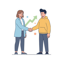 Two Friends Shaking Hands Celebrating Success With Upward Trend Graph and Confetti in Clean Flat Illustration Style on Black Background