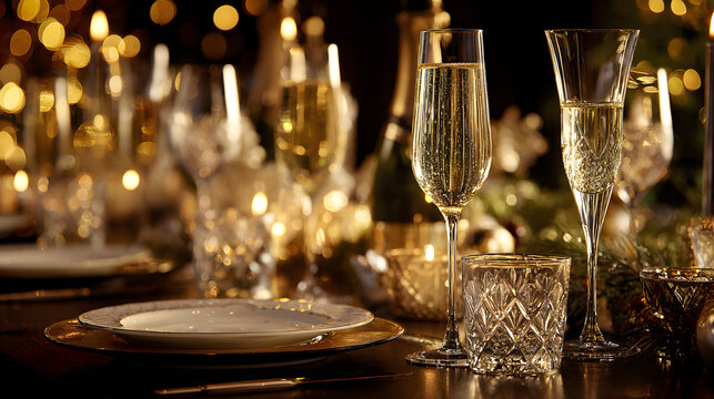 Holiday table with sparkling wine glasses, reflective highlights and elegant tonal balance, festive luxury