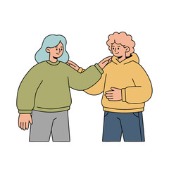 Two Friends Standing Back To Back Smiling Confidently In Flat Illustration Style With One Friend Placing A Hand On The Other Shoulder