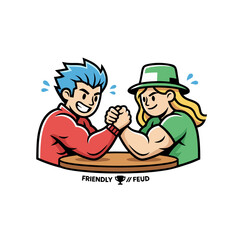 Two Friends Arm Wrestling On A Wooden Table Displaying Strength And Competition In A Bold Flat Illustration Style