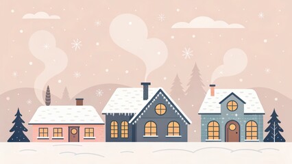 Charming winter village scene with snow covered houses and trees