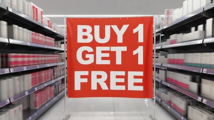 Buy One Get One Free Sale Banner Displayed in Supermarket Aisle with Blurred Shelves of Products Promoting Discounted Retail Offers and Consumer Savings Promotions