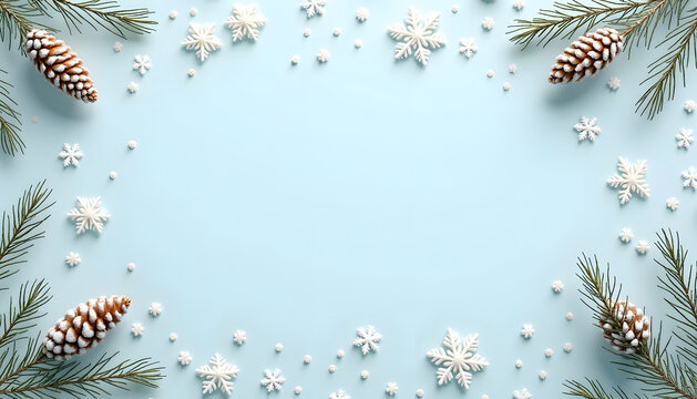 Festive winter background with snowflakes, pine cones, and evergreen branches