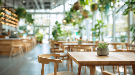 Fototapeta premium 観葉植物に囲まれた明るいカフェ空間のぼかしイメージ