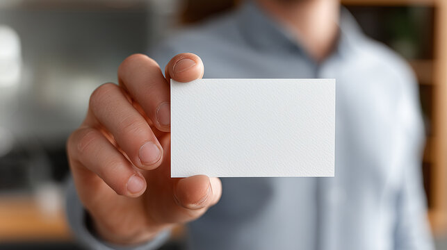 Close up of a man holding blank business card in hand for branding or corporate identity mockup. - Powered by Adobe