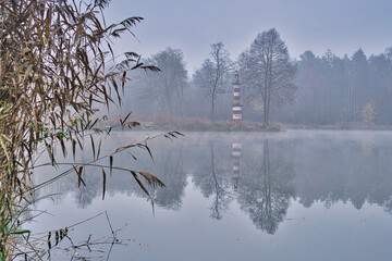 foggy morning in the lakein Tarka Jaworzno polish old holiday resort © pinus25