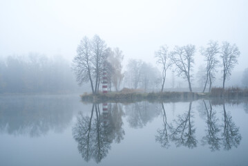 foggy morning in the lakein Tarka Jaworzno polish old holiday resort © pinus25