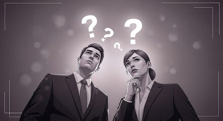 Confused business professionals pondering questions brainstorming solutions for innovative problem solving in the modern workplace ideal for corporate content