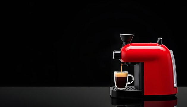 Red espresso machine brewing coffee into a glass cup on a black background