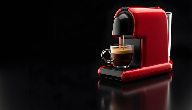 Red espresso machine brewing coffee into a glass cup on a black background