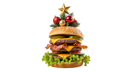 Festive burger topped with Christmas decorations, featuring layers of cheese, bacon, lettuce, and sesame seed bun, evokes holiday cheer