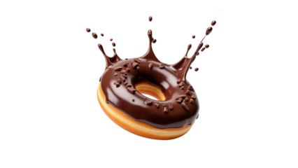 Delicious chocolate donut with splash of chocolate syrup, showcasing tempting dessert experience
