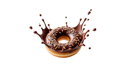 Delicious chocolate donut with sprinkles splashing in liquid chocolate, creating fun and appetizing scene