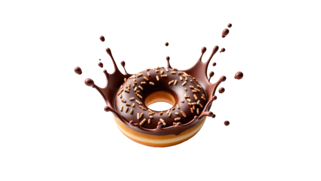Delicious chocolate donut with sprinkles splashing in liquid chocolate, creating fun and appetizing scene
