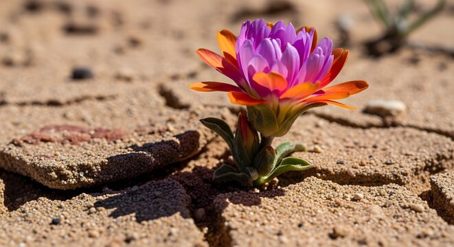 Vibrant purple and orange flower defiantly pushing through cracked, arid earth, a powerful symbol of nature's resilience and the enduring beauty of life thriving in challenging conditions