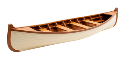 Beautifully crafted wooden canoe with sleek design, featuring light colored hull and dark wooden accents, perfect for serene water adventures