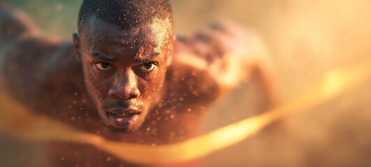 World-class sprinter crossing the finish line at full speed with intense emotion, sweat flying, finish tape breaking, golden hour lighting, ultra-realistic sports photography, cinematic action shot