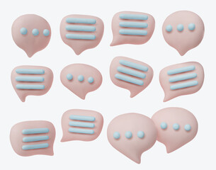 Creative 3D chat icons set, symbolizing dialogue, conversation, texting, communication apps, forums, and social media interaction.