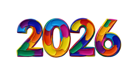 Colorful 2026 Text Art - New Year Celebration and Future Concepts png clear alpha channel cutout isolated on transparent background