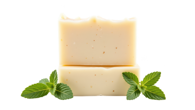 Natural soap bars with mint leaves, showcasing fresh and clean aesthetic. Ideal for skincare and personal care routines