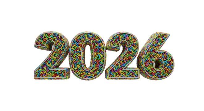 Colorful 2026 Numbers Made of Sprinkles, New Year Celebration Concept png clear alpha channel cutout isolated on transparent background