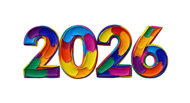 Colorful 2026 Text Art - New Year Celebration and Future Concepts png clear alpha channel cutout isolated on transparent background