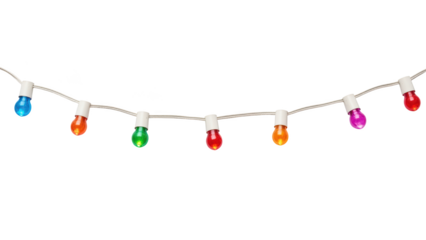 Colorful string lights create festive atmosphere, featuring vibrant bulbs in red, green, blue, orange, and purple. Perfect for celebrations