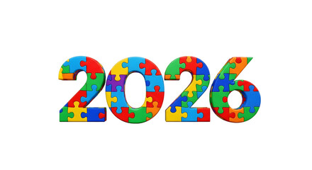 Colorful Puzzle Pieces Forming the Year 2026 png clear alpha channel cutout isolated on transparent background
