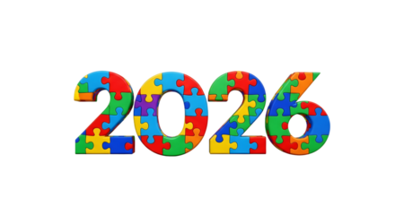 Colorful Puzzle Pieces Forming the Year 2026 png clear alpha channel cutout isolated on transparent background