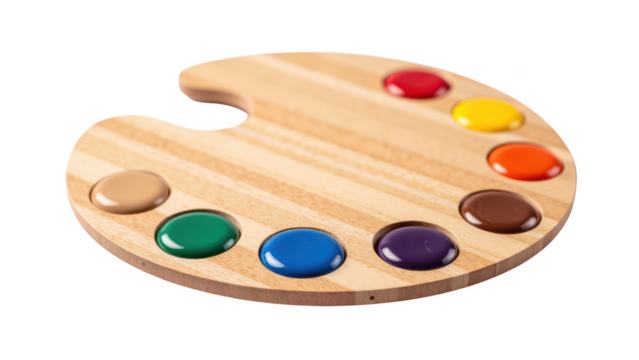 Wooden artist palette with vibrant paint colors arranged in circular pattern, showcasing creativity and artistic expression