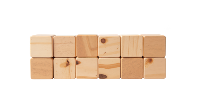 Natural wooden blocks arranged in neat row, showcasing their smooth surfaces and unique grain patterns, perfect for creative play