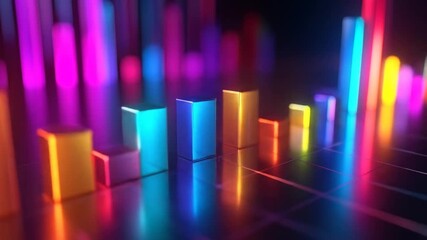 Abstract 3D Bar Chart with Neon Lights and Reflections Showcasing Financial Growth Data Visualization - Powered by Adobe