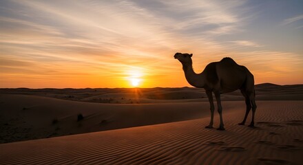 A majestic camel stands on a vast desert dune, silhouetted against the dramatic, fiery colors of a stunning sunset, capturing the beauty and tranquility of an arid landscape