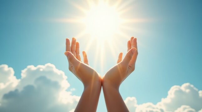 Manos alzadas, con dedos finos y mu&ntilde;ecas delicadas, se extienden hacia un brillante rayo de sol que se abre paso entre esponjosas nubes blancas
