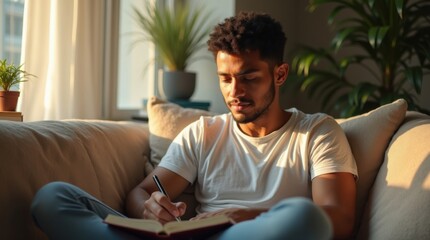 Un hombre joven est&aacute; sentado c&oacute;modamente en un sof&aacute; escribiendo en su diario