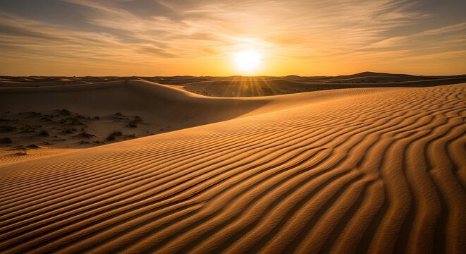 Mesmerizing golden hour light illuminates the rippled sand dunes of a vast, tranquil desert, showcasing a stunning, glowing sky at sunrise or sunset