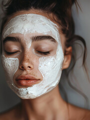 woman relaxing with white clay facial mask, eyes closed, serene expression, neutral background, spa wellness aesthetic, clean photography