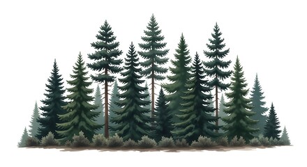 Group of evergreen trees watercolor illustration of a forest landscape isolated on white background