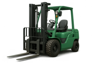Green industrial forklift truck lifting goods in a warehouse, transport and logistics operations, transparent background