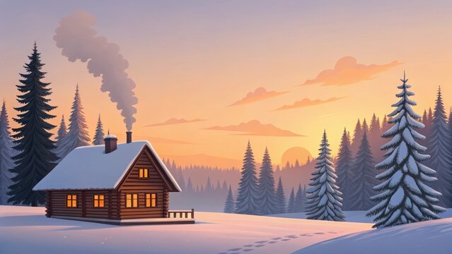 Cozy log cabin in snowy forest at sunset with warm light