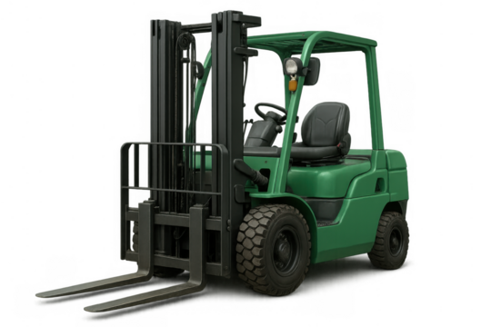 Green industrial forklift truck lifting goods in a warehouse, transport and logistics operations, transparent background