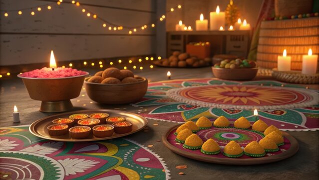 Diwali celebration with diyas rangoli and traditional indian sweets - Powered by Adobe