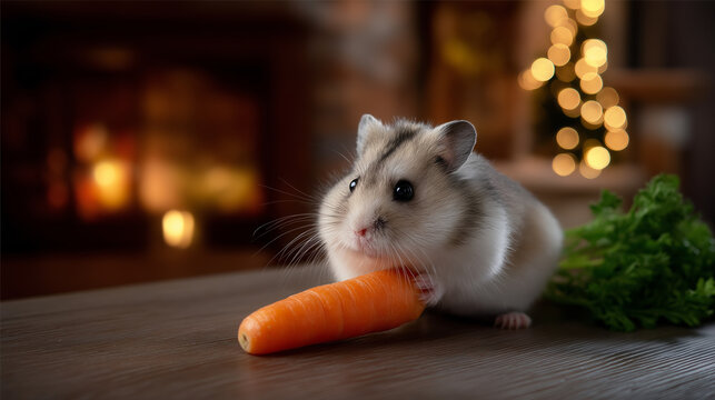 Small hamster holding a carrot on a wooden table, blurred fireplace glow behind, soft bokeh lights, with copy space.